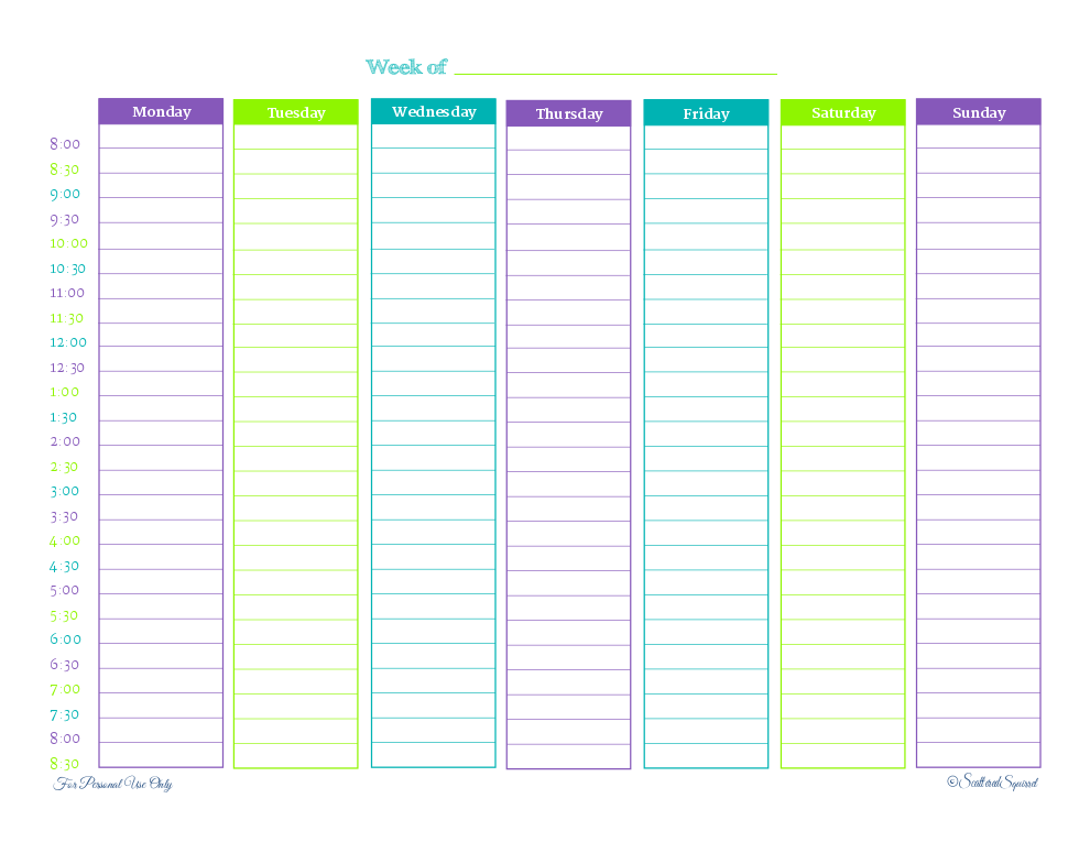24 Hour Weekly Planner Printable