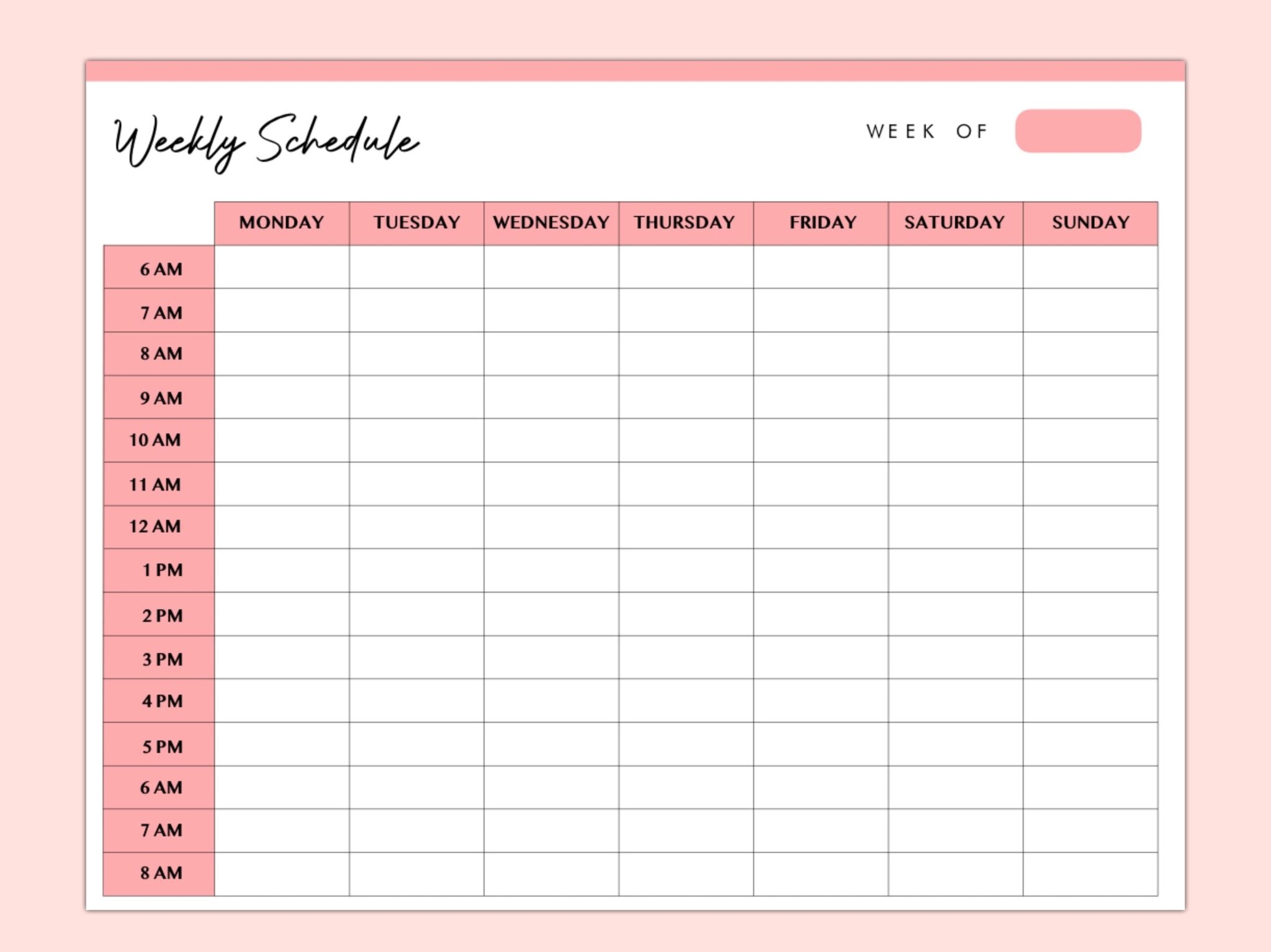 Hourly Week Planner Printable Fillable Form 2023