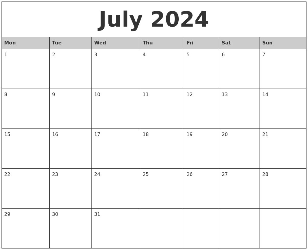 July 2024 Calendar Monthly Planner Template Loise Rachael