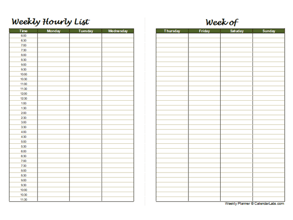 Printable Weekly Hourly Planner Free Printable Templates