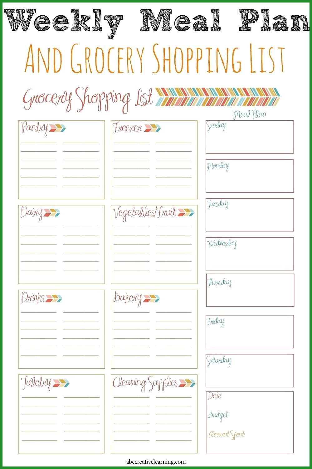 Printable Weekly Meal Planner Grocery List