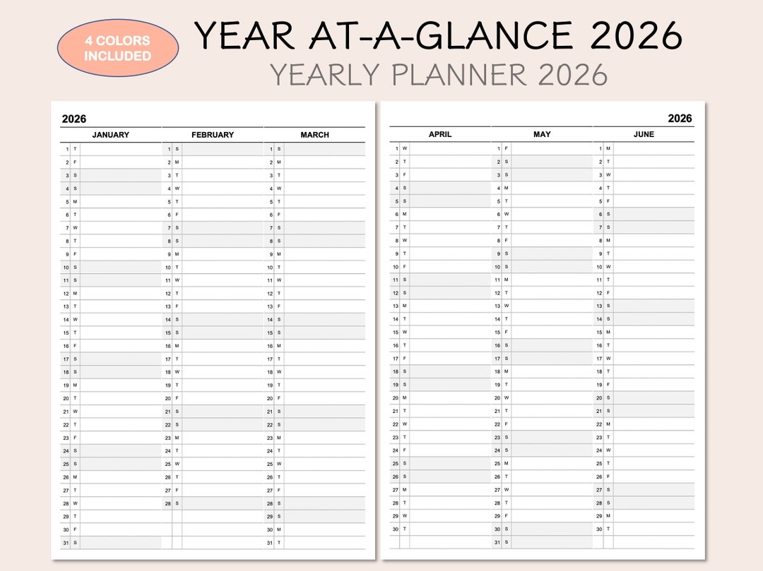 Printable Yearly Planner Calendar 2026 Yearly Overview 2026 Year At a 