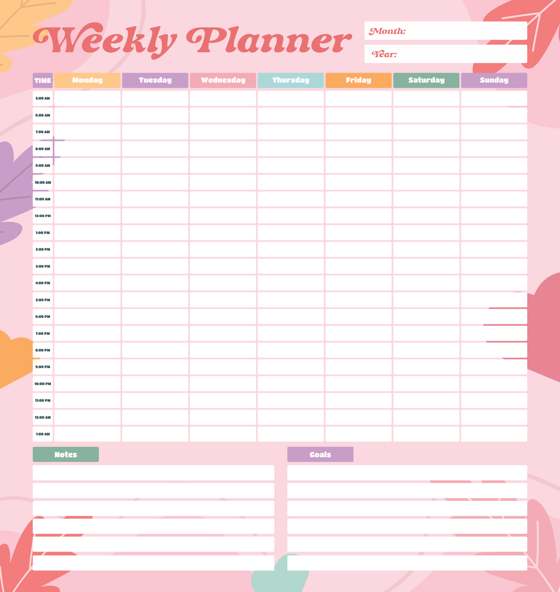 Weekly Hourly Planner Printable